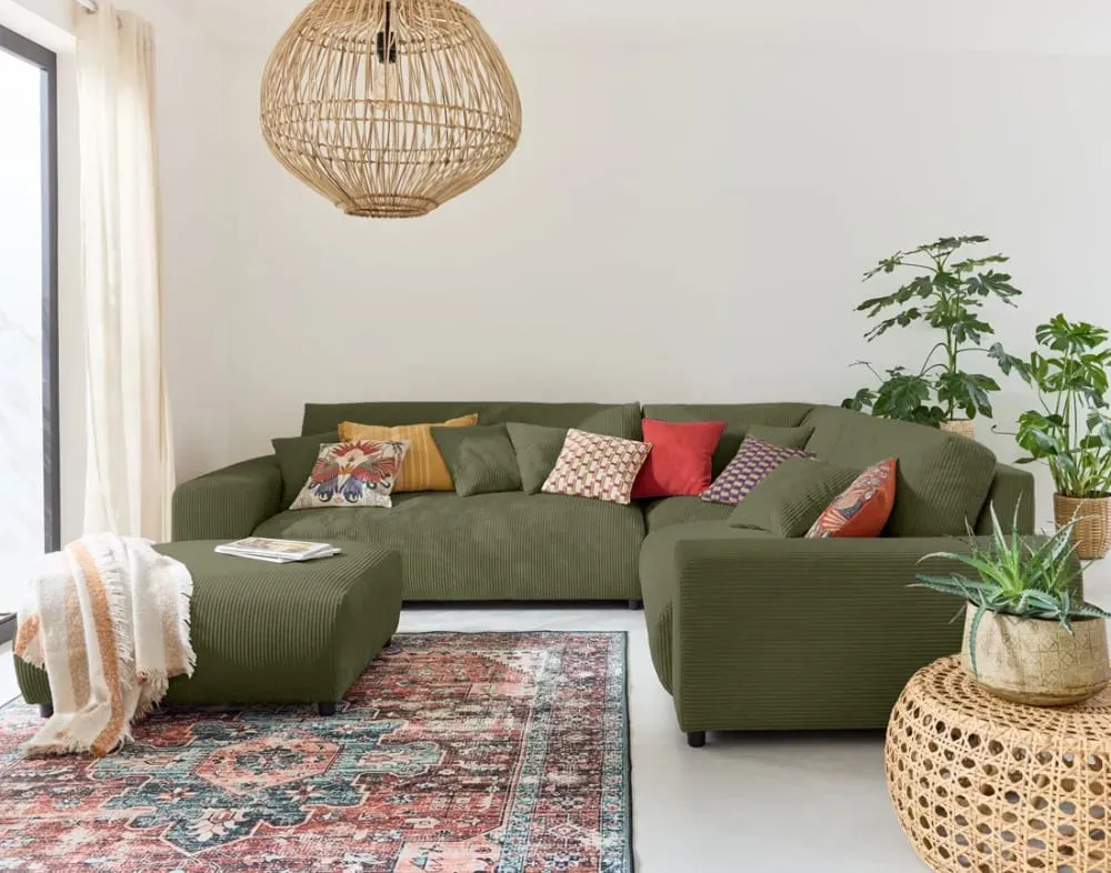 Illustration numéro 3 du produit Canapé modulable 5 places angle droit en velours côtelé vert
