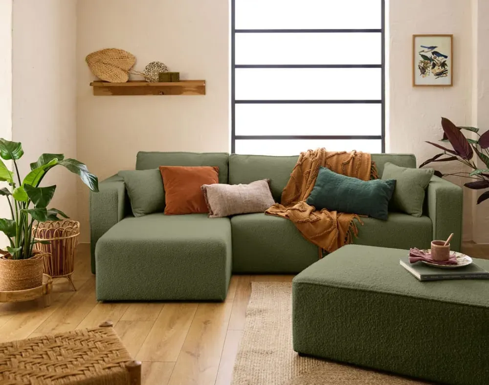 Illustration numéro 3 du produit Canapé d'angle réversible convertible 4 places en tissu bouclette vert