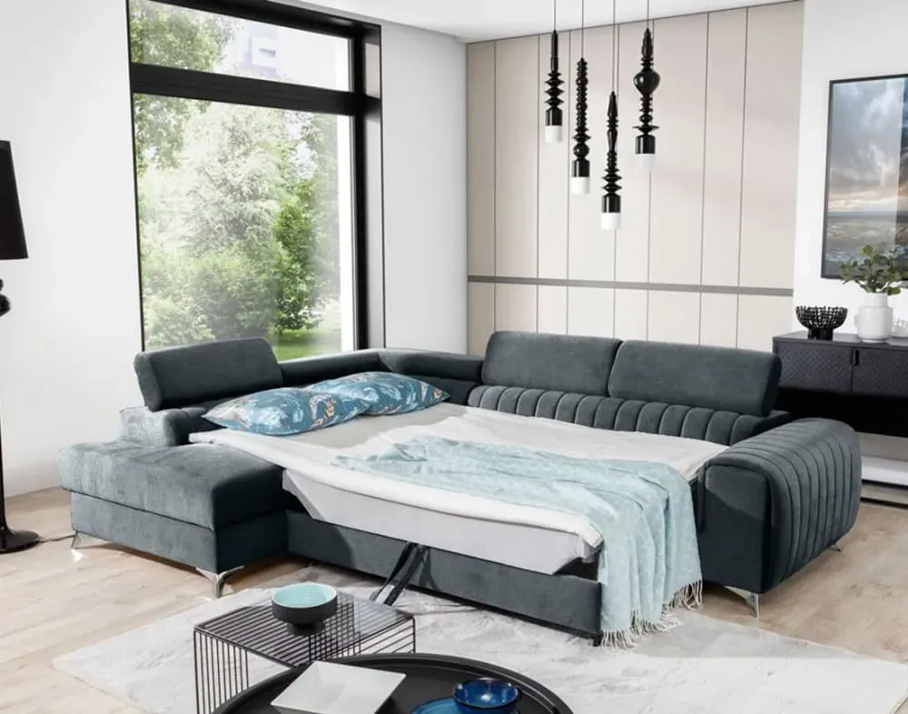 Illustration numéro 3 du produit Canapé d'angle gauche convertible 5 places en velours gris