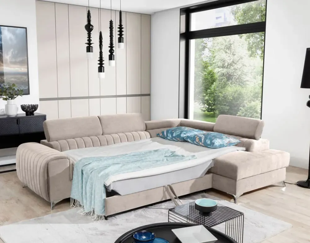 Illustration numéro 3 du produit Canapé d'angle droit convertible 5 places en velours beige