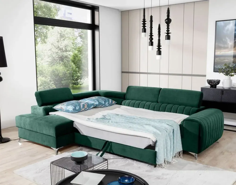 Illustration numéro 3 du produit Canapé d'angle gauche convertible 5 places en velours vert