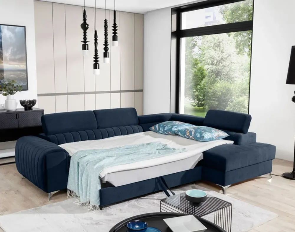 Illustration numéro 3 du produit Canapé d'angle droit convertible 5 places en velours bleu marine