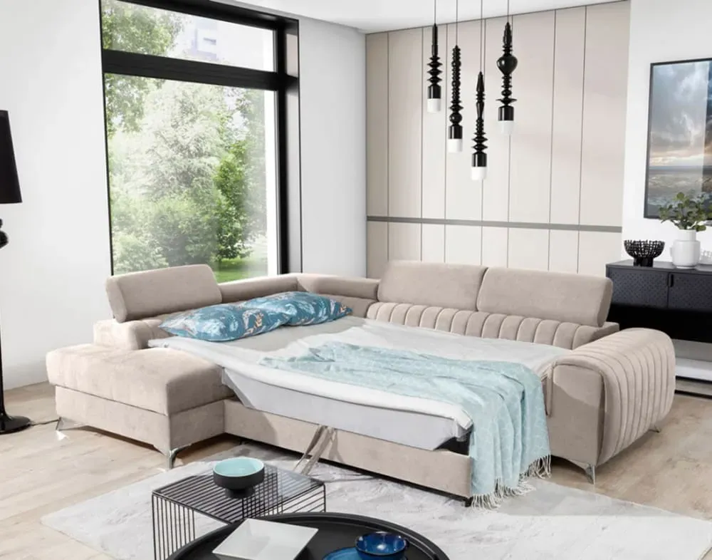 Illustration numéro 3 du produit Canapé d'angle gauche convertible 5 places en velours beige