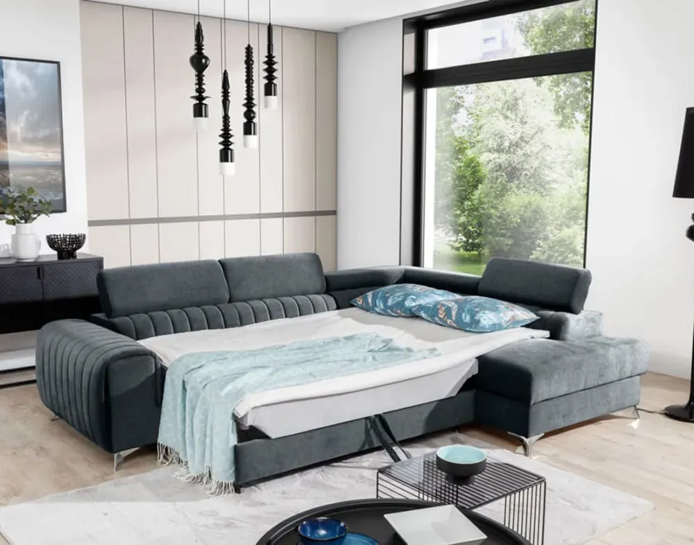 Illustration numéro 3 du produit Canapé d'angle droit convertible 5 places en velours gris
