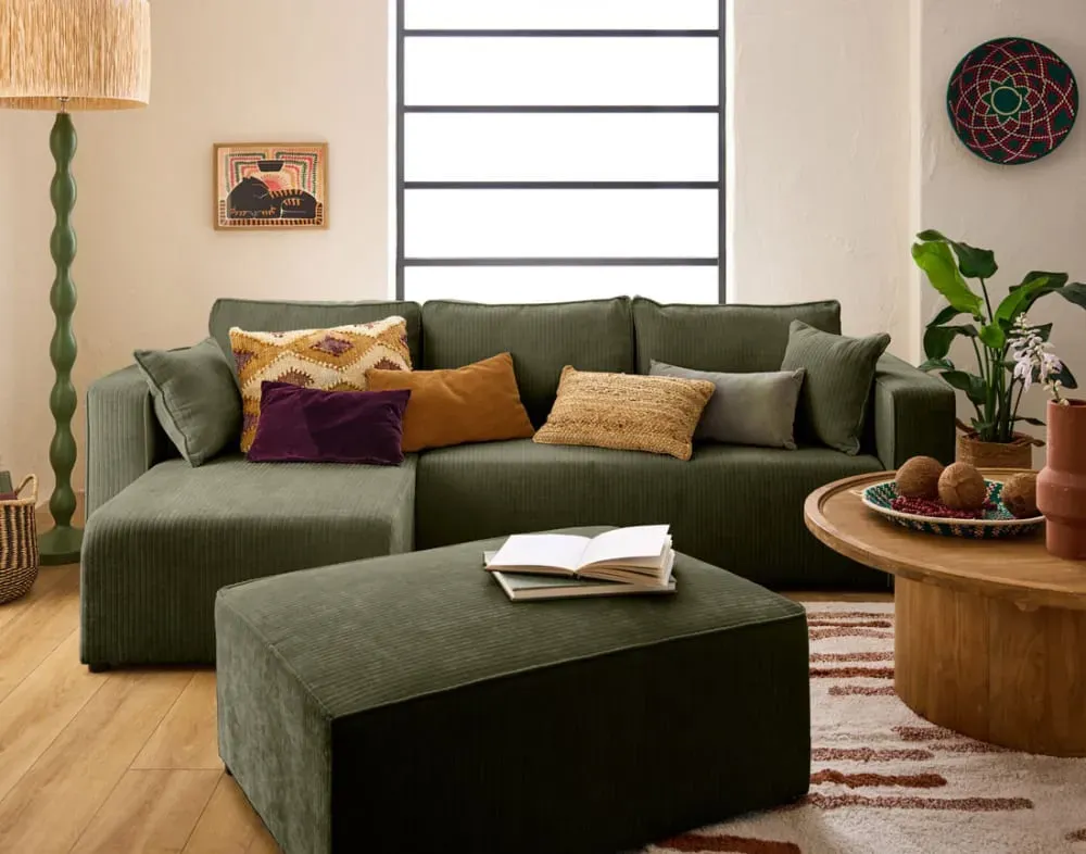 Illustration numéro 3 du produit Canapé d'angle réversible convertible 4 places en velours côtelé plat