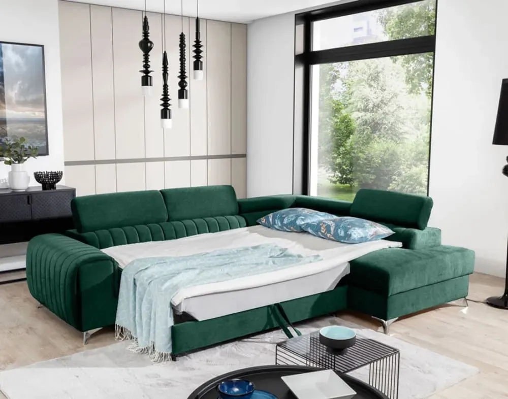 Illustration numéro 3 du produit Canapé d'angle droit convertible 5 places en velours vert
