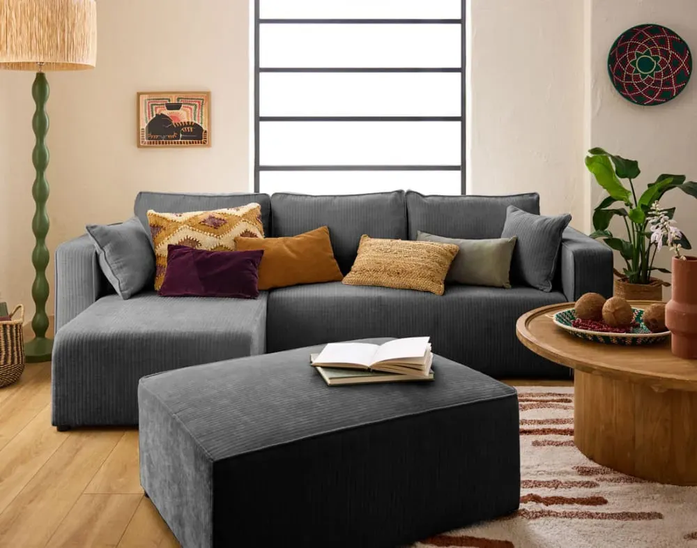 Illustration numéro 3 du produit Canapé d'angle réversible convertible 4 places en velours côtelé plat