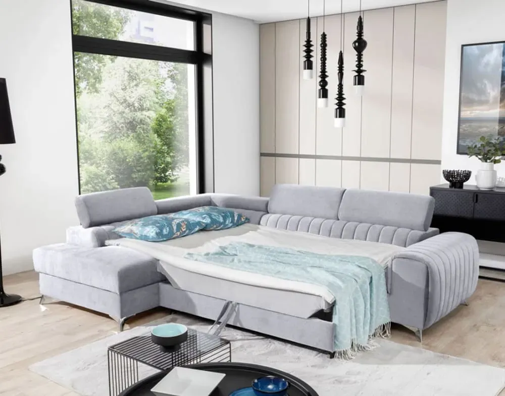 Illustration numéro 3 du produit Canapé d'angle gauche convertible 5 places en velours gris clair