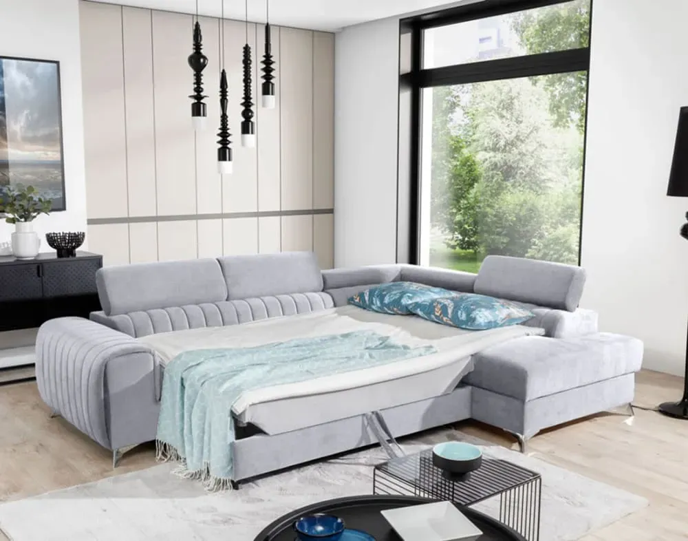 Illustration numéro 3 du produit Canapé d'angle droit convertible 5 places en velours gris clair