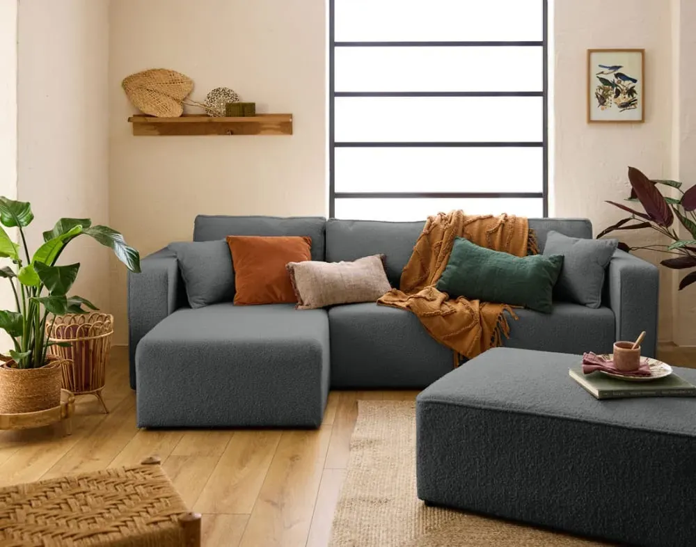 Illustration numéro 3 du produit Canapé d'angle réversible convertible 4 places en tissu bouclette gris