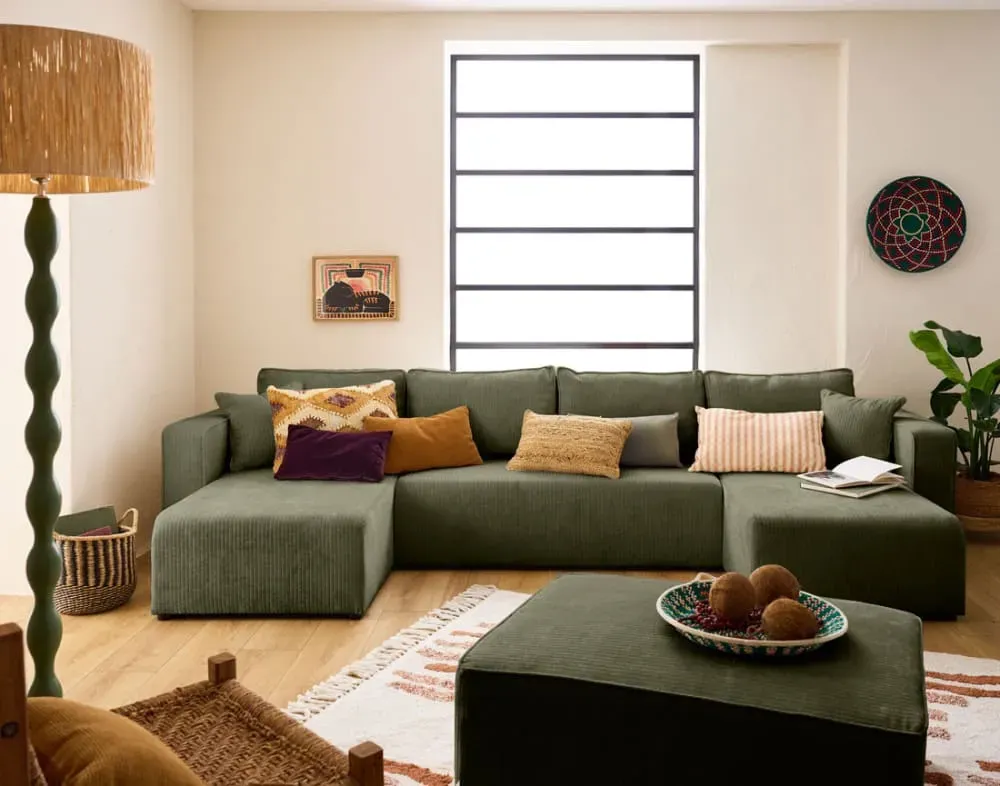 Illustration numéro 3 du produit Canapé panoramique 7 places En U en Velours côtelé plat Vert