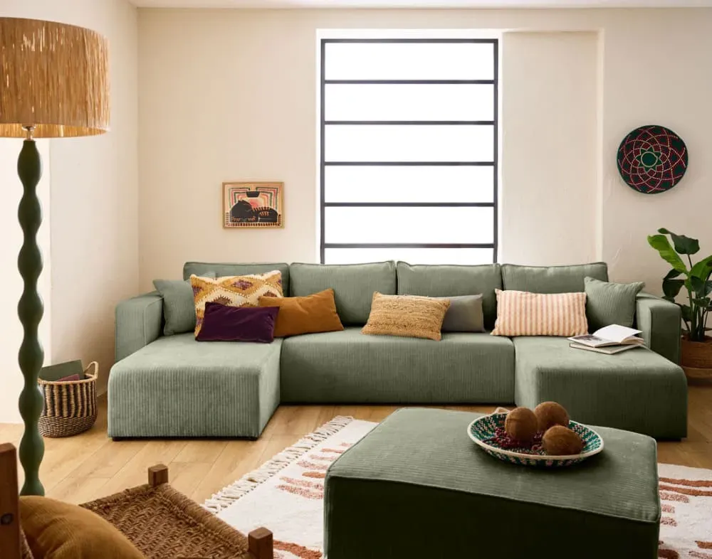 Illustration numéro 3 du produit Canapé panoramique 7 places En U en Velours côtelé plat Vert sauge