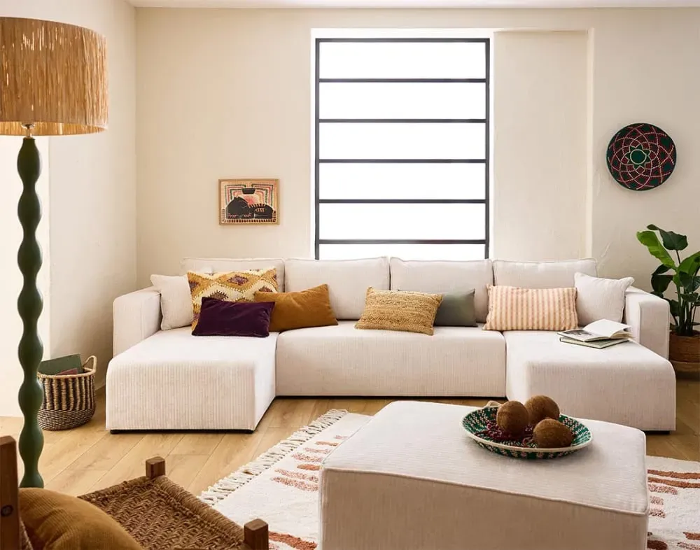 Illustration numéro 3 du produit Canapé panoramique 7 places En U en Velours côtelé plat Ecru