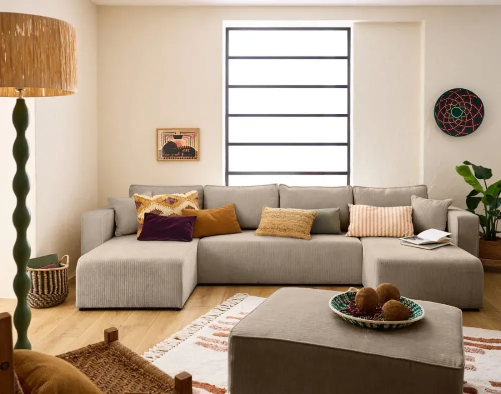 Illustration numéro 3 du produit Canapé panoramique 7 places En U en Velours côtelé plat Beige