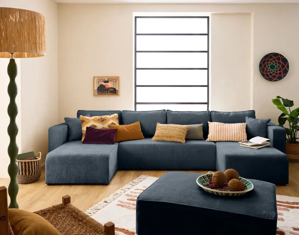 Illustration numéro 3 du produit Canapé panoramique 7 places En U en Velours côtelé plat Bleu