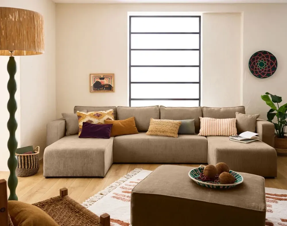 Illustration numéro 3 du produit Canapé panoramique 7 places En U en Velours côtelé plat Latte