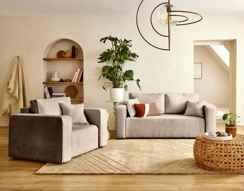 Illustration numéro 3 du produit Canapé droit 2 places en velours côtelé plat beige