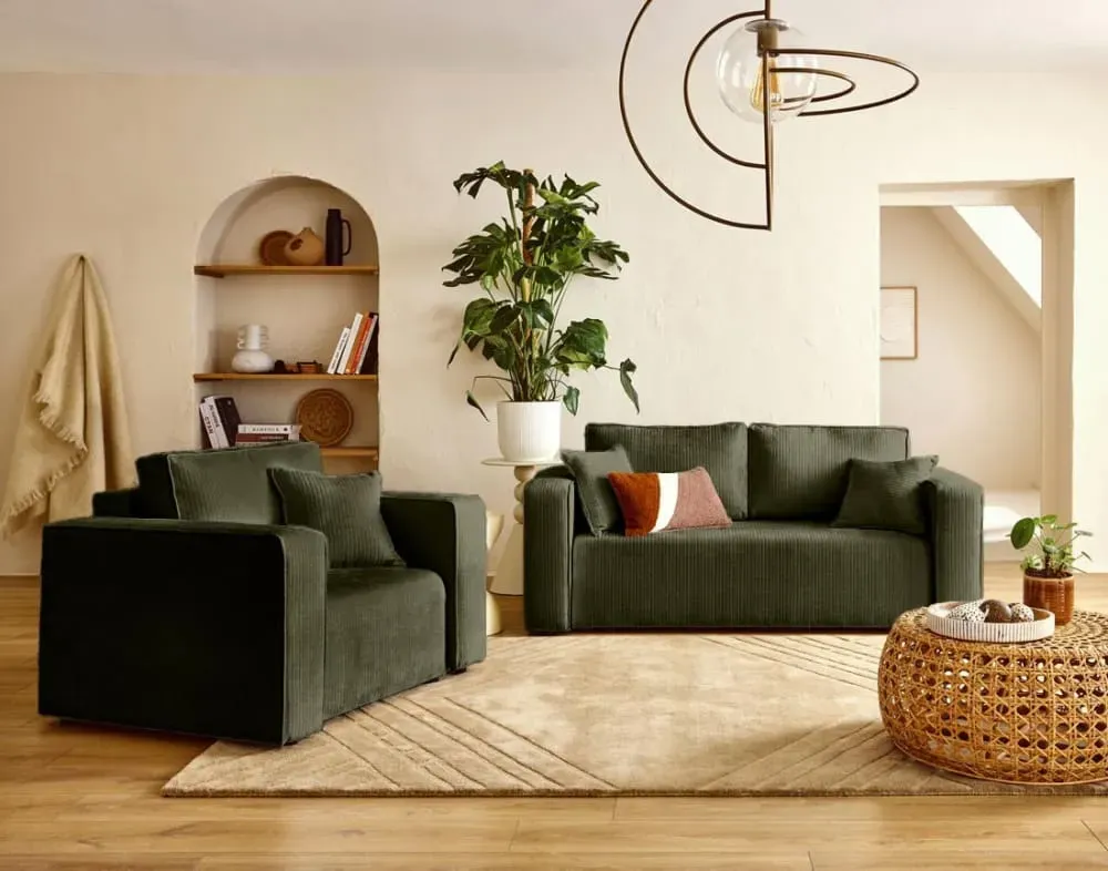 Illustration numéro 3 du produit Canapé droit 2 places en velours côtelé plat vert