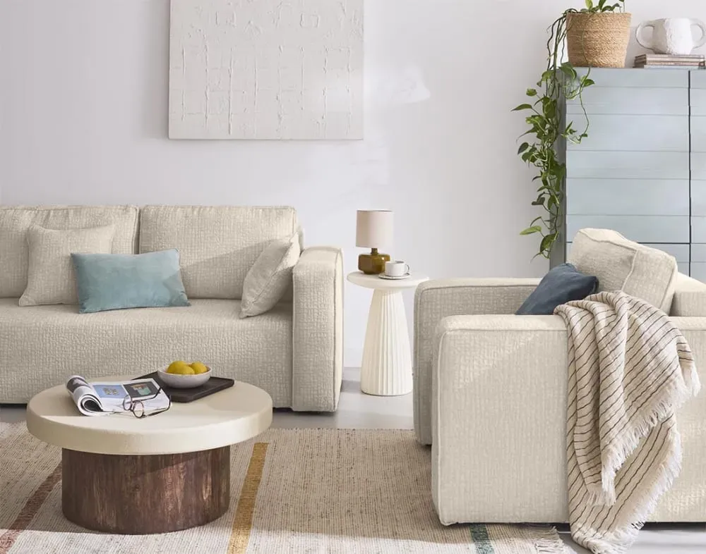 Illustration numéro 3 du produit Canapé droit 2 places en tissu velours relief beige