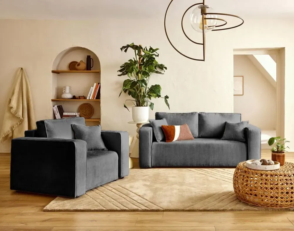 Illustration numéro 3 du produit Canapé droit 2 places en velours côtelé plat gris