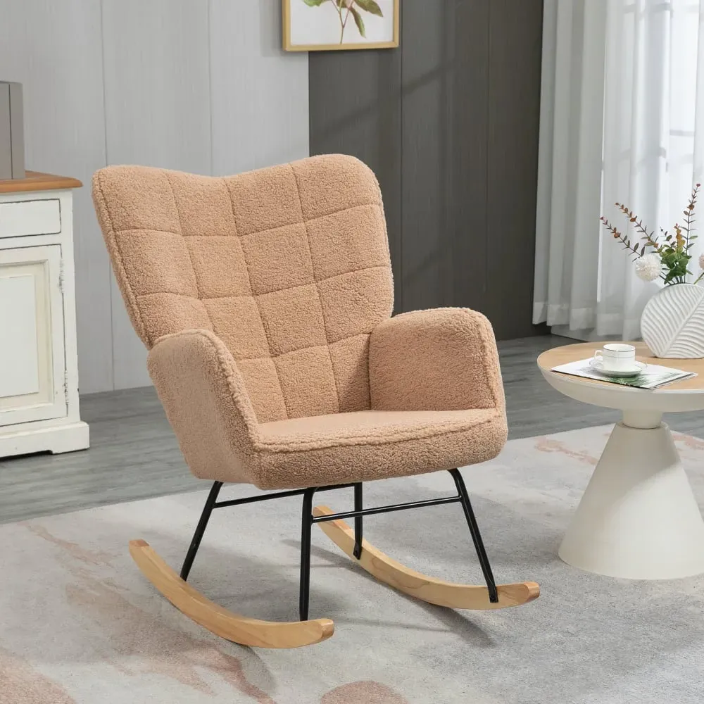 Illustration numéro 3 du produit Fauteuil à bascule revêtement bouclette acier et bois massif marron