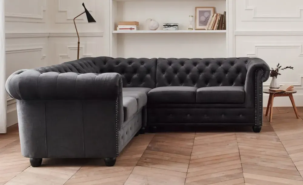 Illustration numéro 3 du produit Canapé d'angle réversible 5 places en velours gris foncé