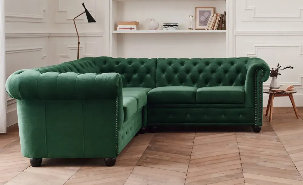 Illustration numéro 3 du produit Canapé d'angle réversible 5 places en velours vert