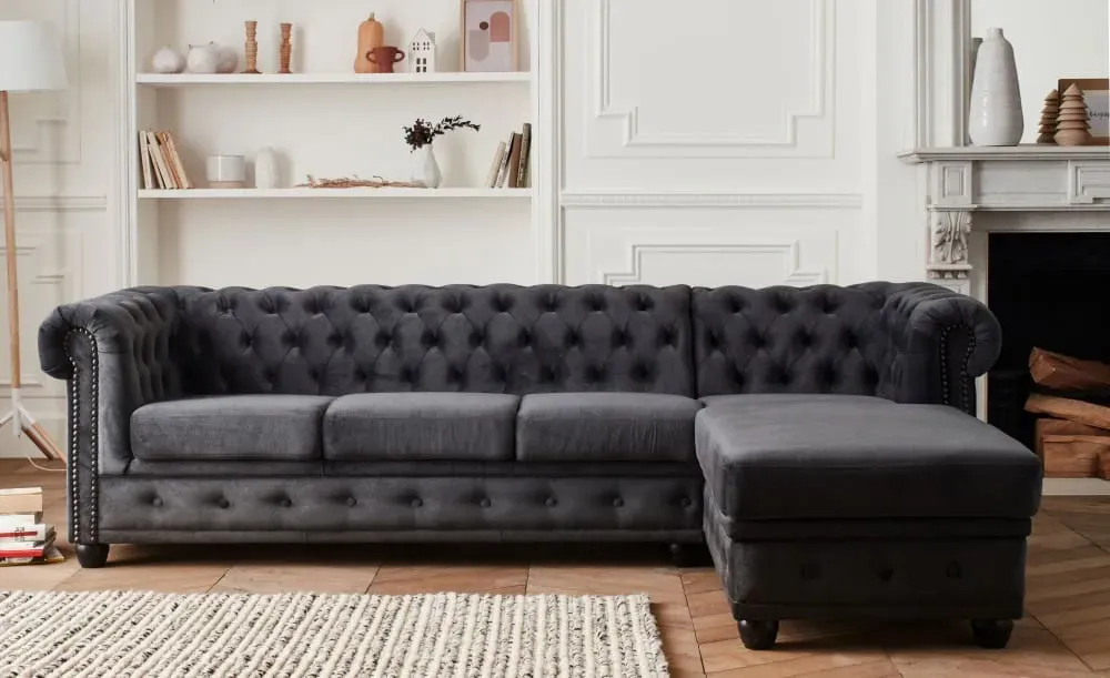 Illustration numéro 3 du produit Canapé d'angle droit 4 places en velours gris foncé