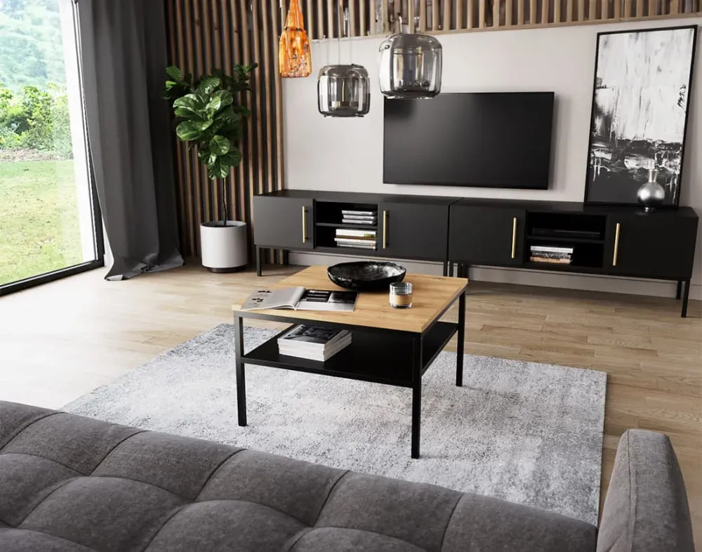 Illustration numéro 3 du produit Table basse 1 étagère pieds en métal effet bois et noir