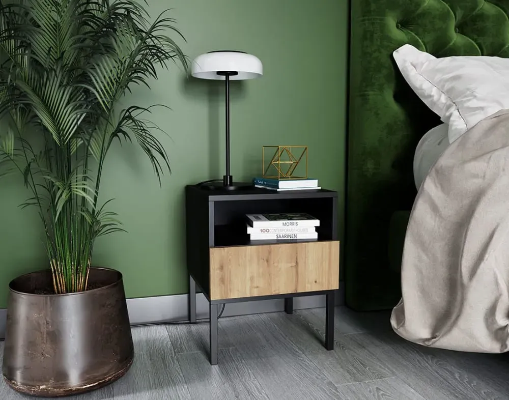 Illustration numéro 3 du produit Table de chevet industriel 1 tiroirs 40 cm effet bois et noir