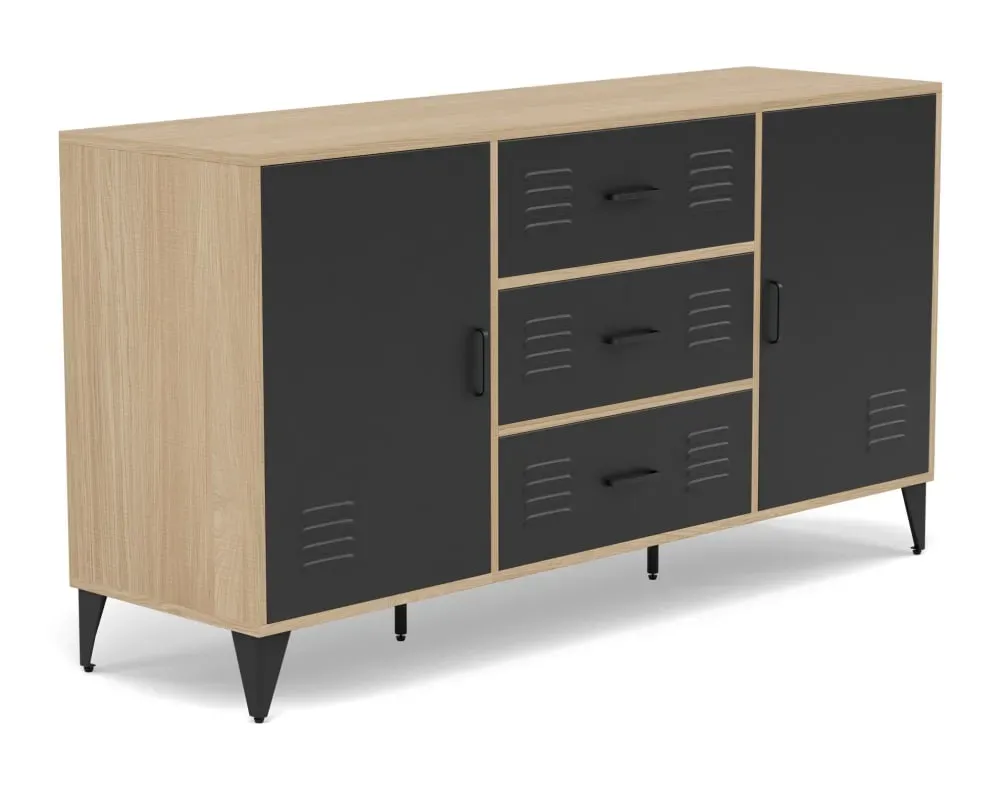 Illustration numéro 3 du produit Buffet bas 2 portes 3 tiroirs L140cm effet bois et noir