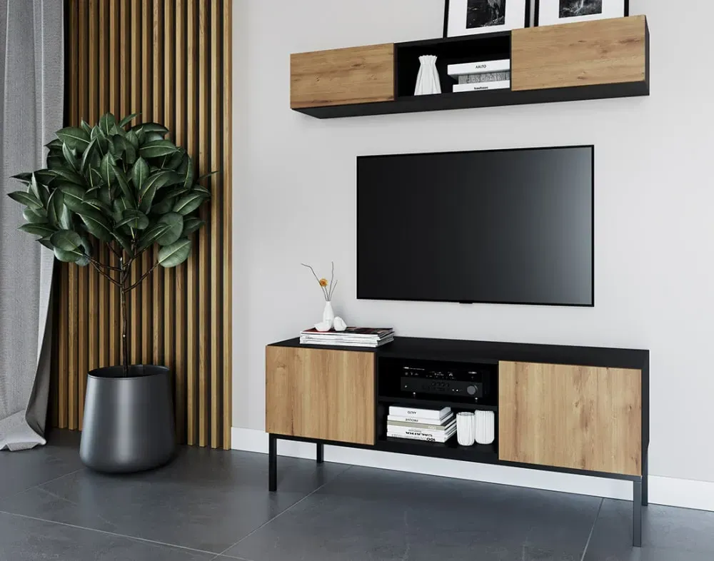 Illustration numéro 3 du produit Meuble TV 2 portes effet 120cm bois et noir