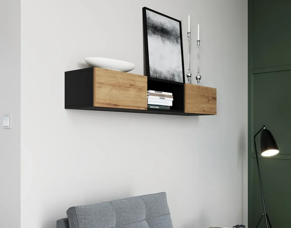 Illustration numéro 3 du produit Étagère suspendue 2 portes L177cm effet bois et noir