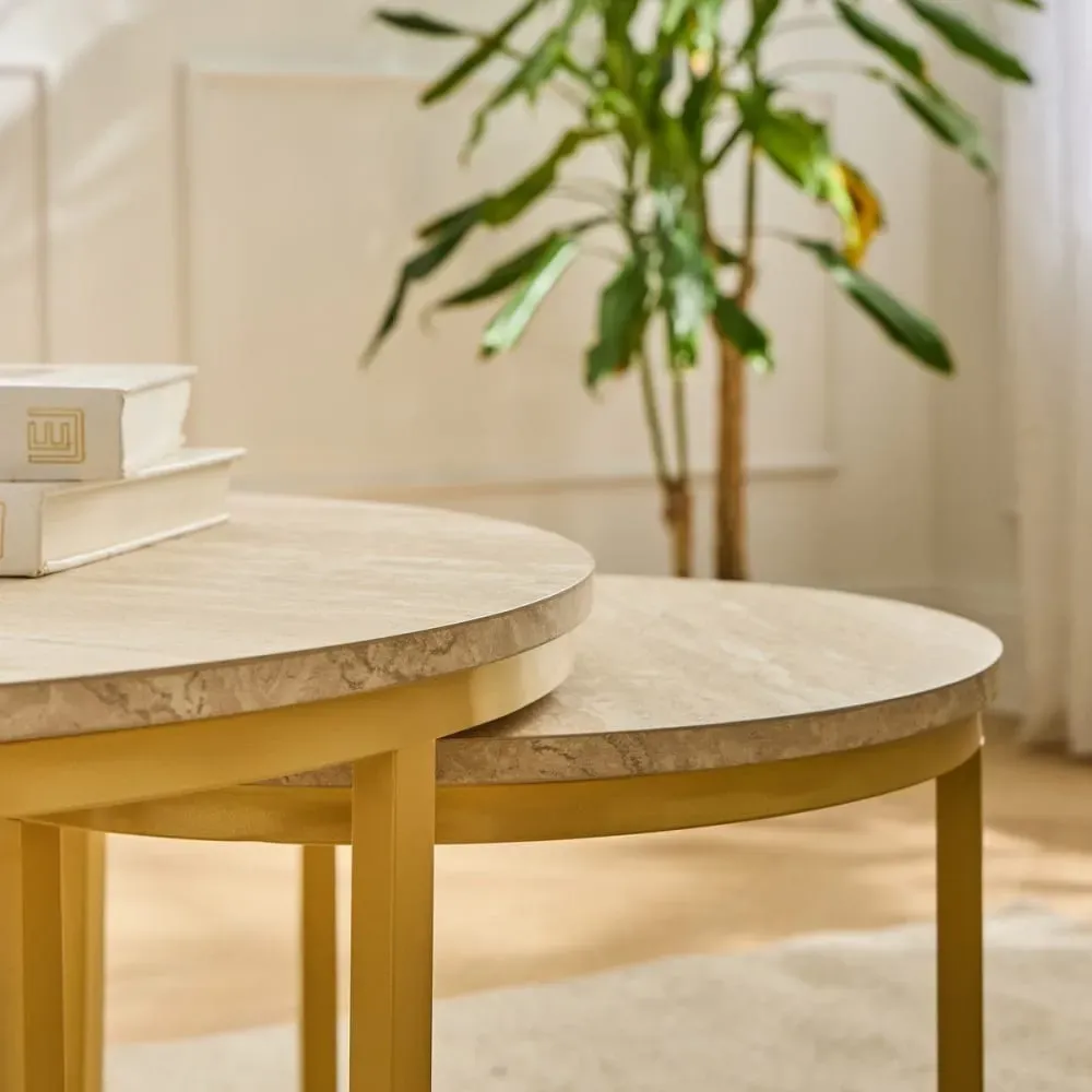Illustration numéro 3 du produit Lot de 2 tables basses gigognes rondes - Effet Travertin