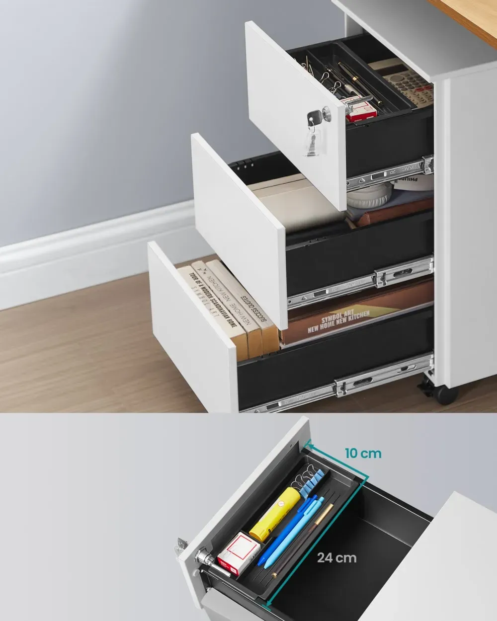 Illustration numéro 3 du produit Caisson de bureau casier sur roulettes verrouillable 3 tiroirs blanc