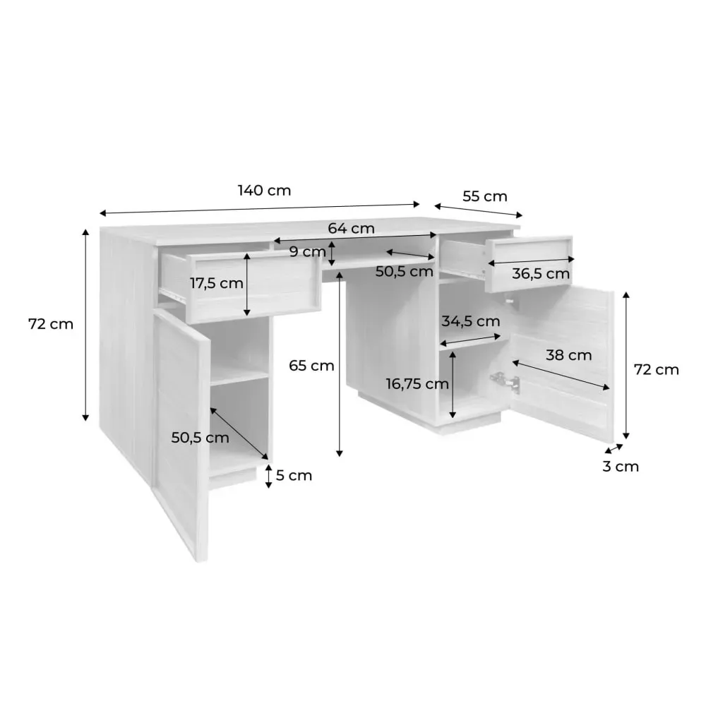 Illustration numéro 3 du produit Bureau effet bois naturel 2 portes 2 tiroirs 1 niche 140cm