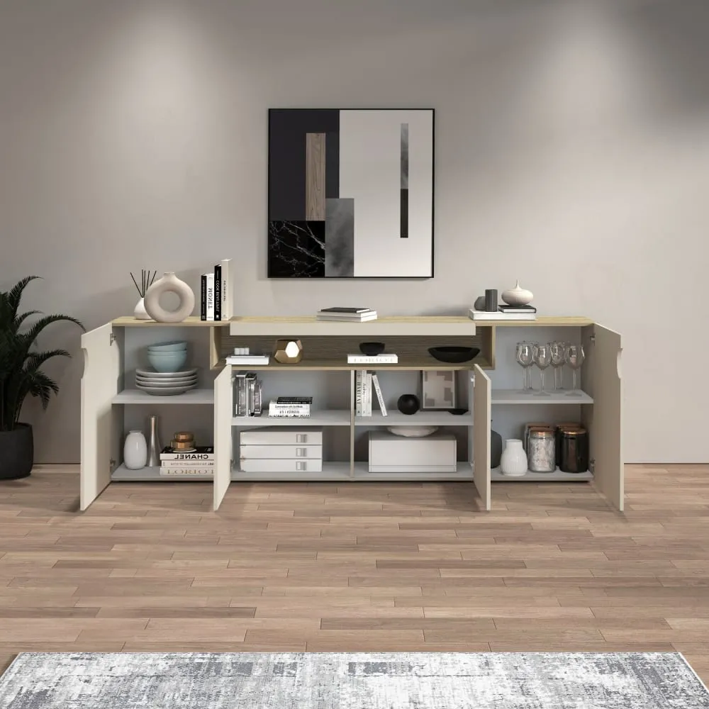 Illustration numéro 3 du produit Buffet 4 portes 1 niche 200 cm effet bois cachemire et chêne clair