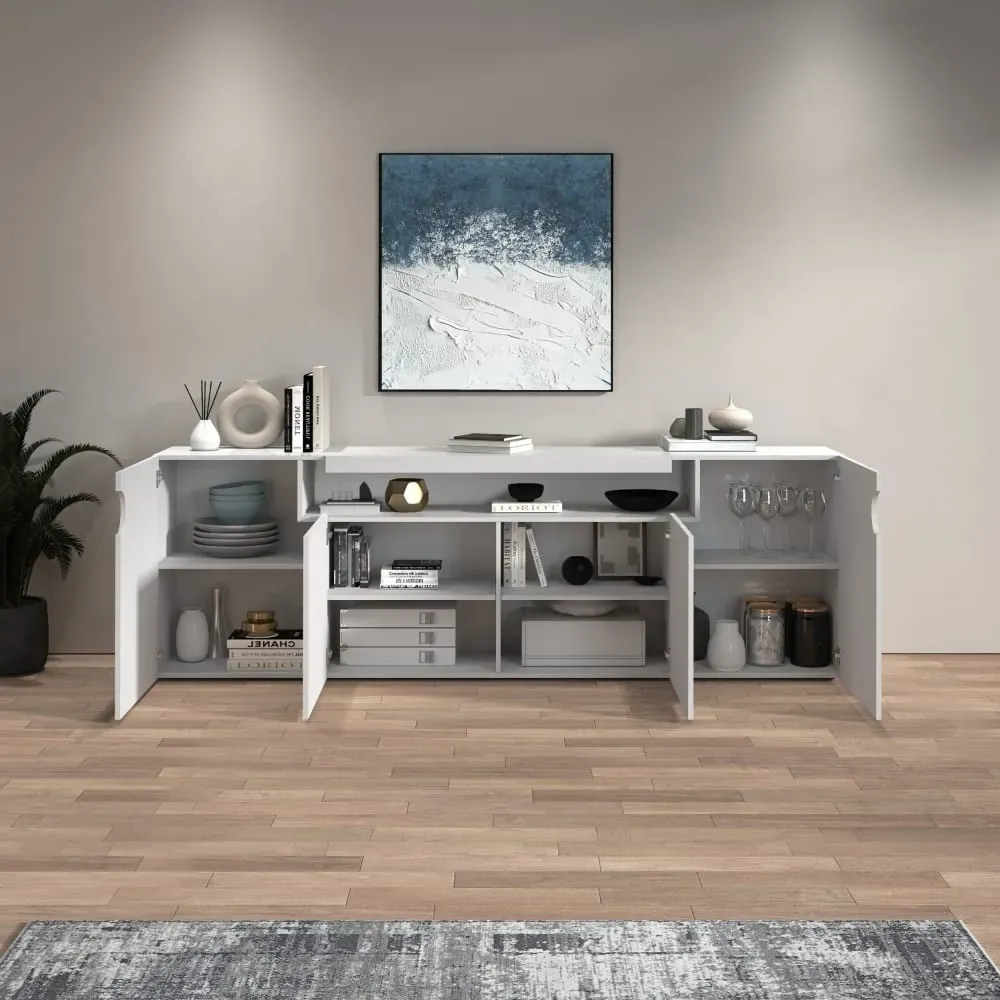 Illustration numéro 3 du produit Buffet 4 portes 1 niche 200 cm effet bois blanc brillant