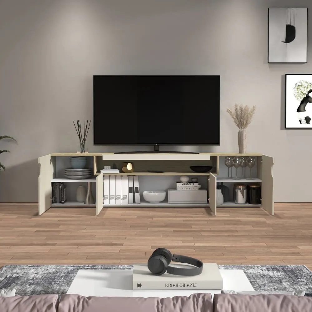 Illustration numéro 3 du produit Meuble tv 4 portes 1 niche 240 cm effet bois cachemire et chêne clair