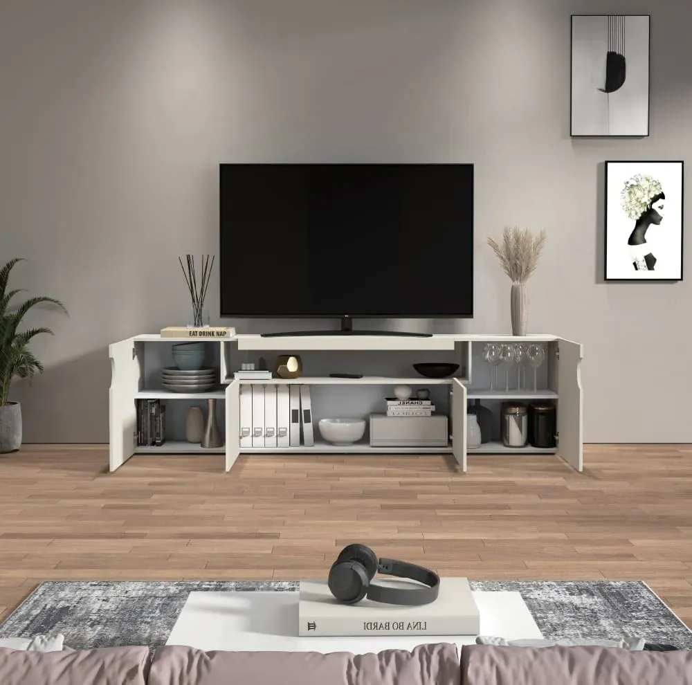 Illustration numéro 3 du produit Meuble tv 4 portes 1 niche 200 cm effet bois cachemire
