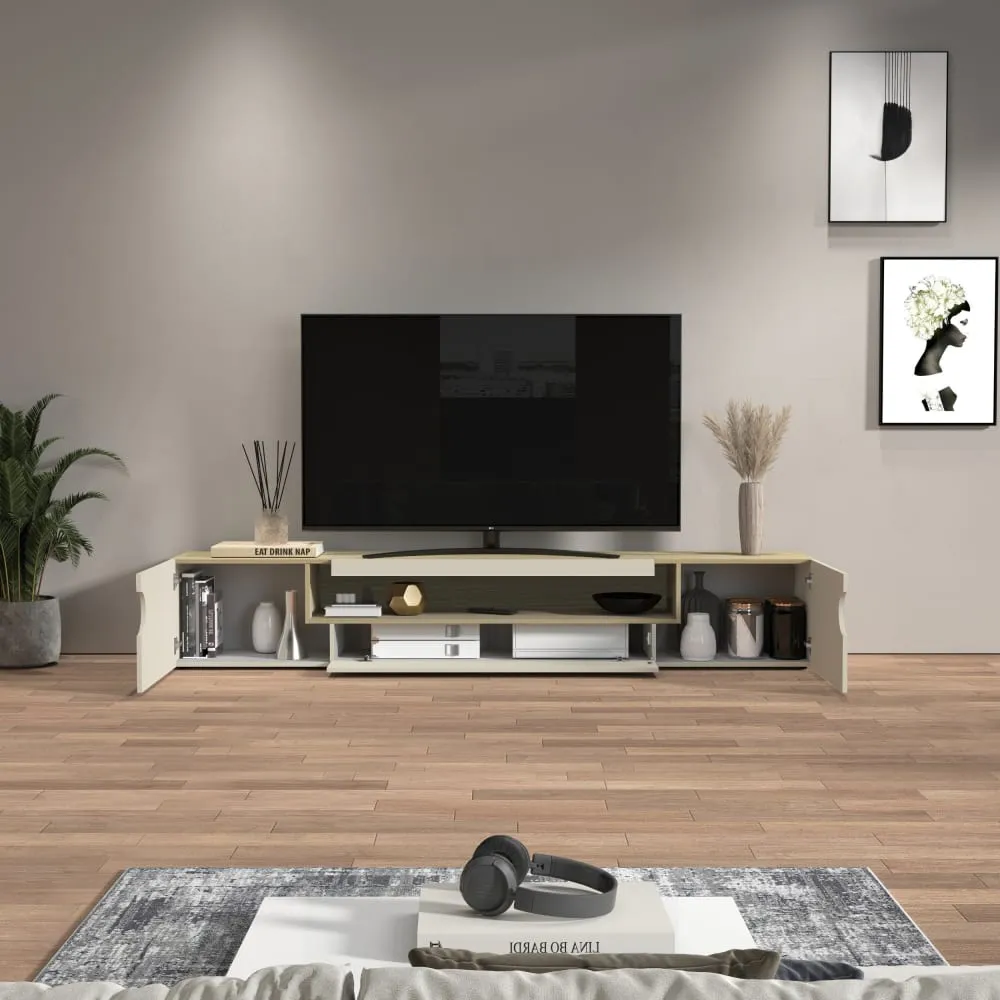 Illustration numéro 3 du produit Meuble tv 3 portes 1 niche 240 cm effet bois cachemire et chêne clair