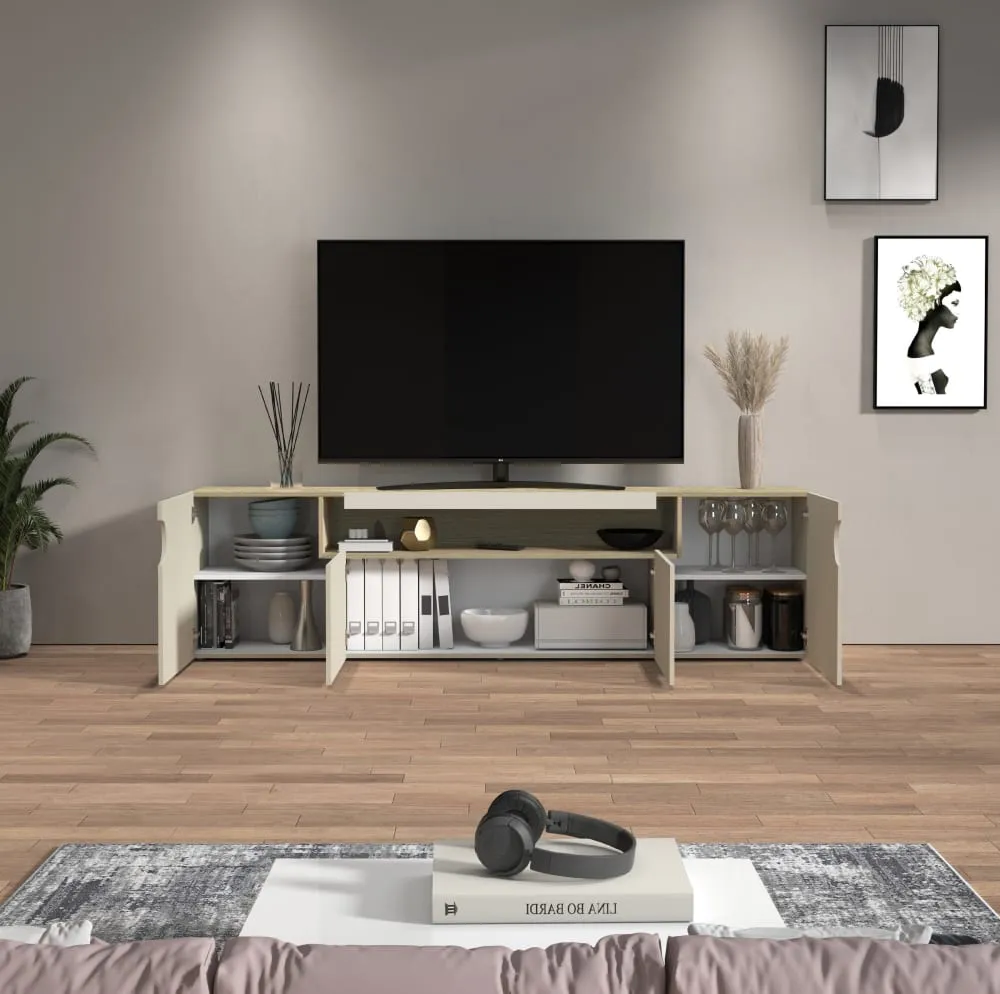 Illustration numéro 3 du produit Meuble tv 4 portes 1 niche 200 cm effet bois cachemire et chêne clair