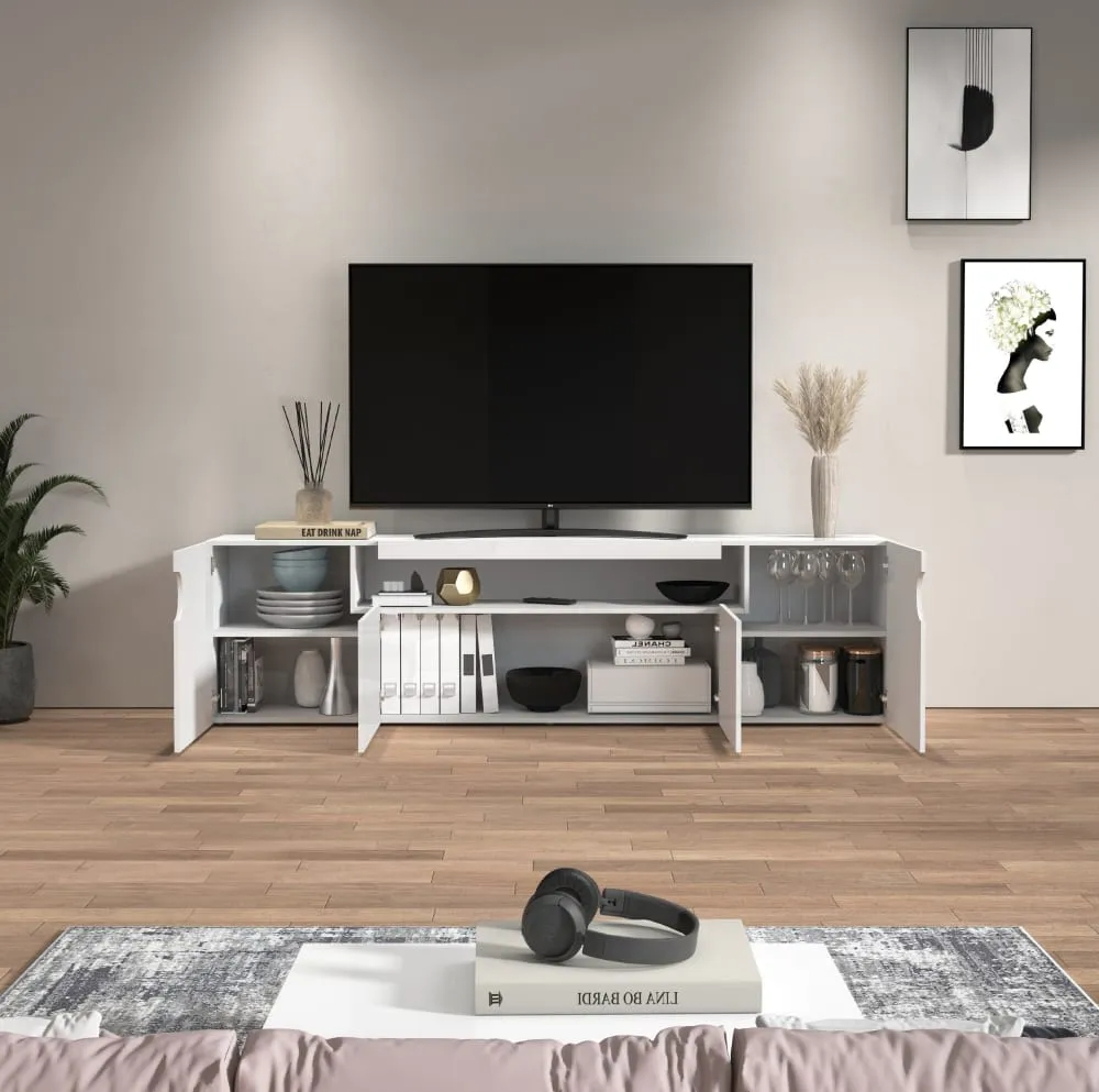 Illustration numéro 3 du produit Meuble tv 4 portes 1 niche 200 cm effet bois blanc brillant