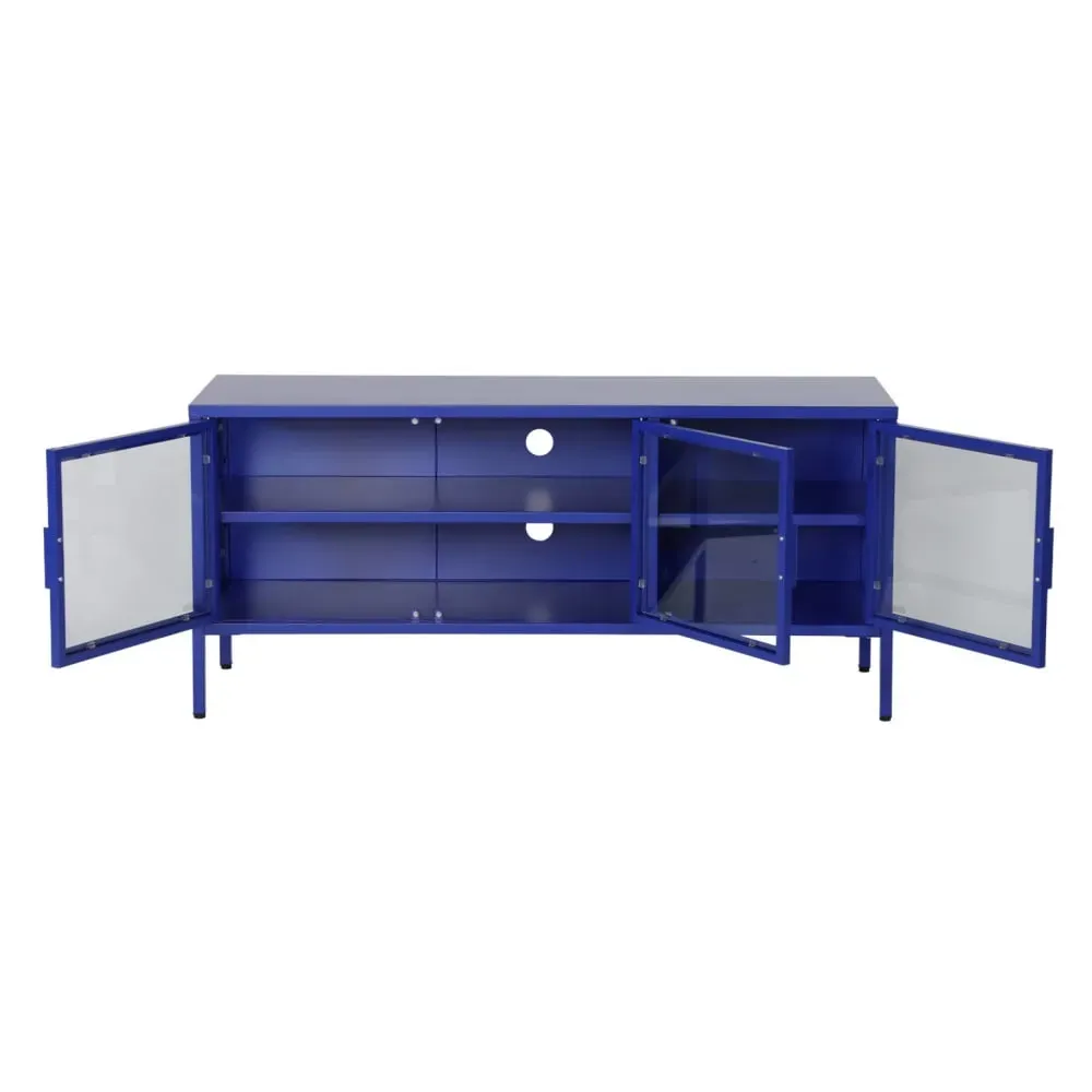 Illustration numéro 3 du produit Meuble tv industriel métal et verre trempé 3 portes 120cm bleu