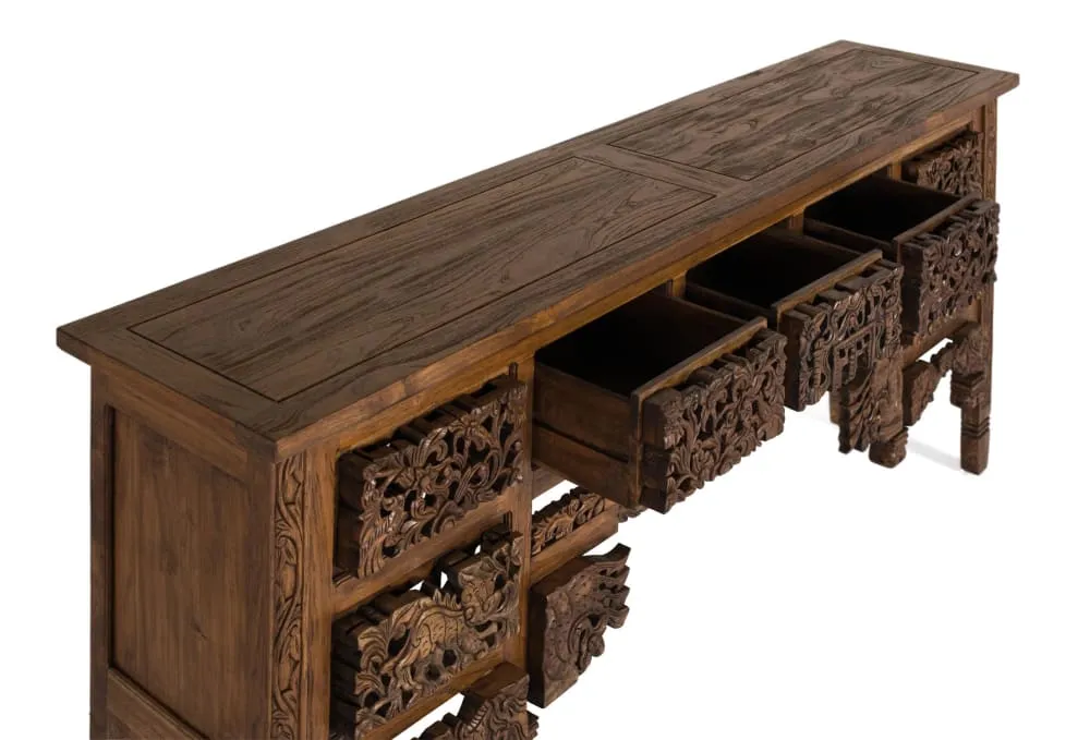 Illustration numéro 3 du produit Console en bois de teck avec 5 tiroirs et pieds sculptés à la main