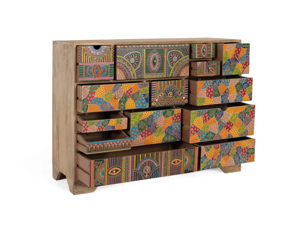 Illustration numéro 3 du produit Commode en bois de manguier avec détails peints à la main 120 cm