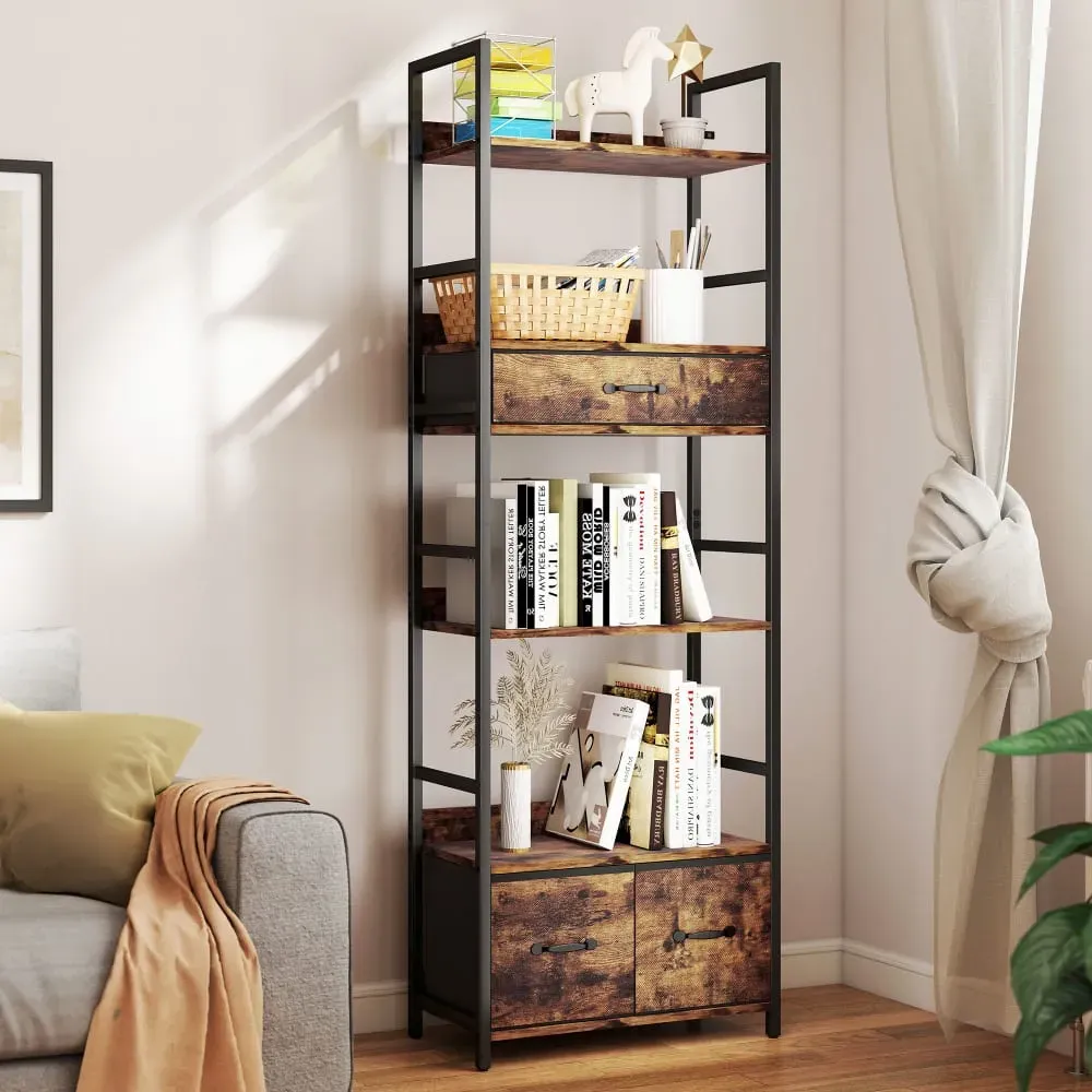 Illustration numéro 3 du produit Bibliothèque 6 niveaux 4 étagères 3 tiroirs cadre métal brun rustique