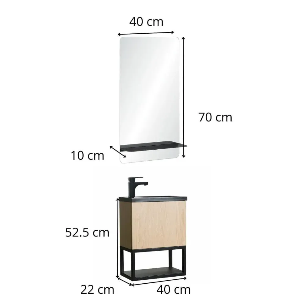 Illustration numéro 3 du produit Ensemble lave-mains  métal et bois avec robinet et miroir