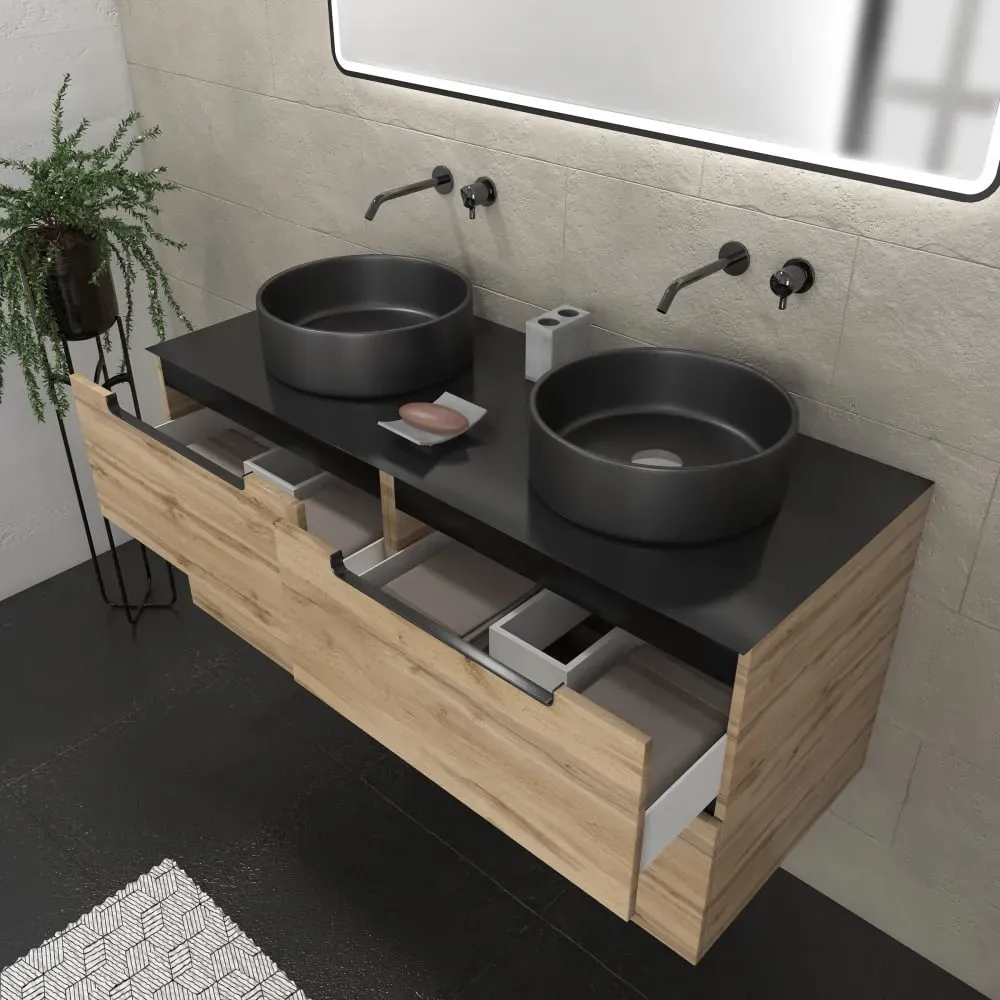 Illustration numéro 3 du produit Meuble de salle de bains effet bois marron avec miroir