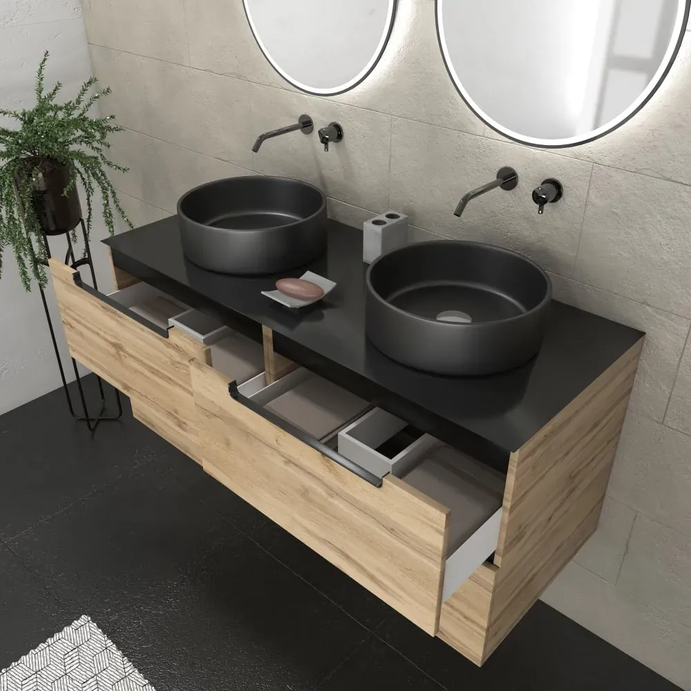 Illustration numéro 3 du produit Meuble de salle de bains effet bois marron avec miroir